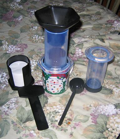 Aeropress coffee maker ready to pour and plunge